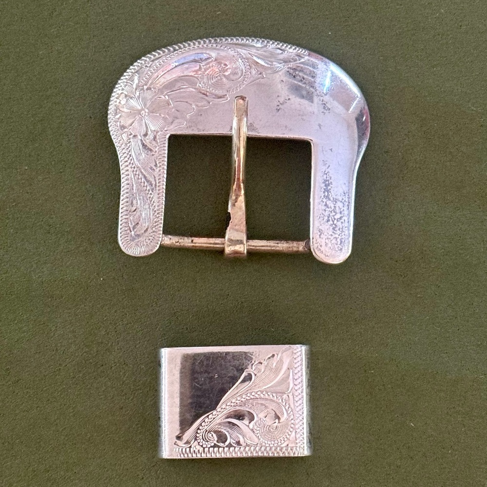Vogt Sterling Silver Overlay Buckle and Keeper.  Fits 1” Belt